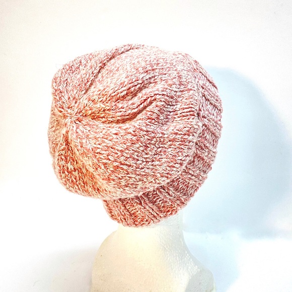 NWT HandKnit Ribbed Fold Brim Beanie Hat is Heather Pink Tweed Size Ladies Large - Picture 4 of 6